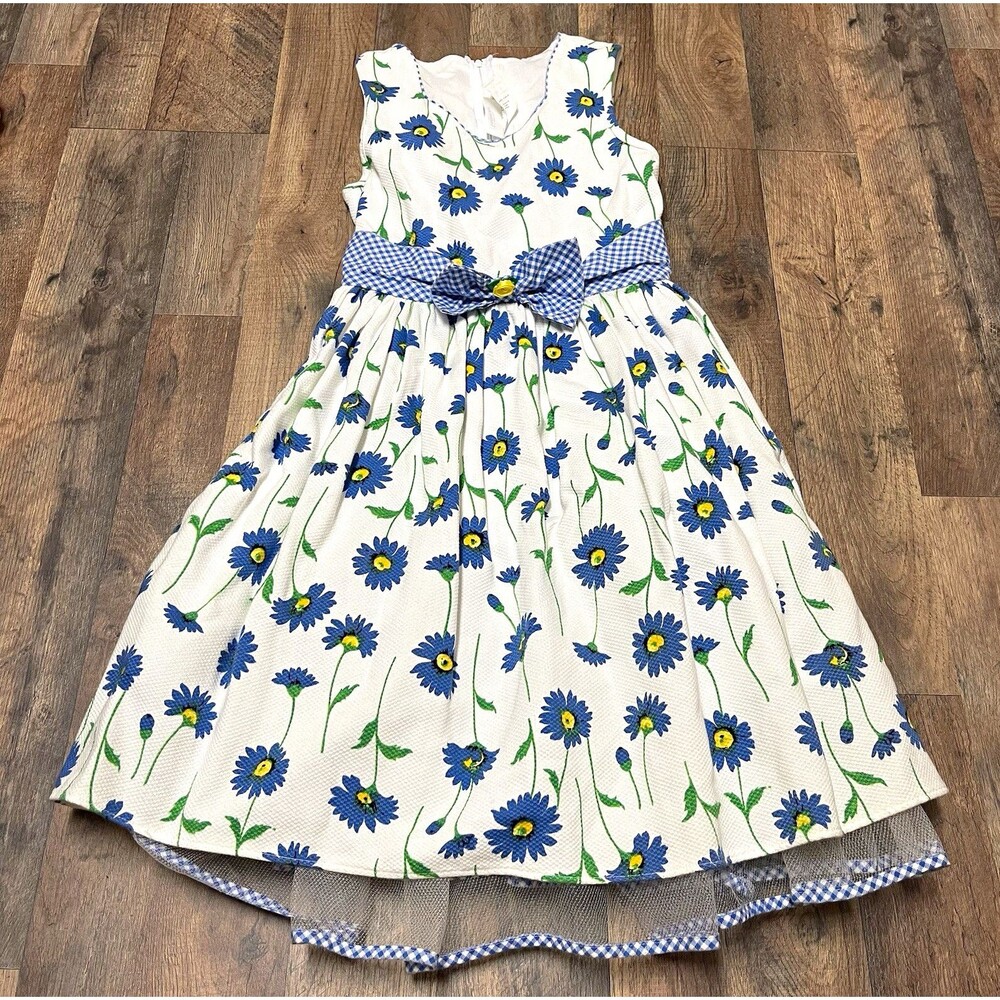 Vintage Bonnie Jean Girls Dress Size 14 Fit & Flare Floral Bow Daisy Made in USA